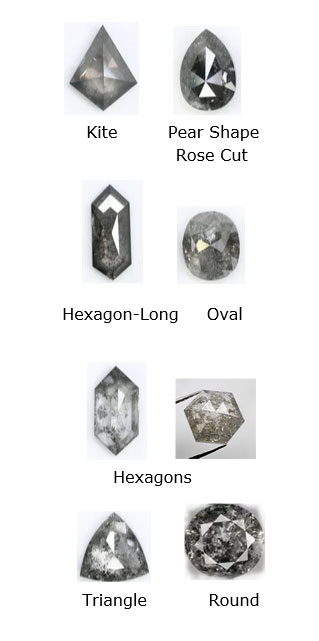 Pictures of 8 different Salt and Pepper diamonds, Round, Oval, Triangle, Hexagons, long square.Pear, Kite